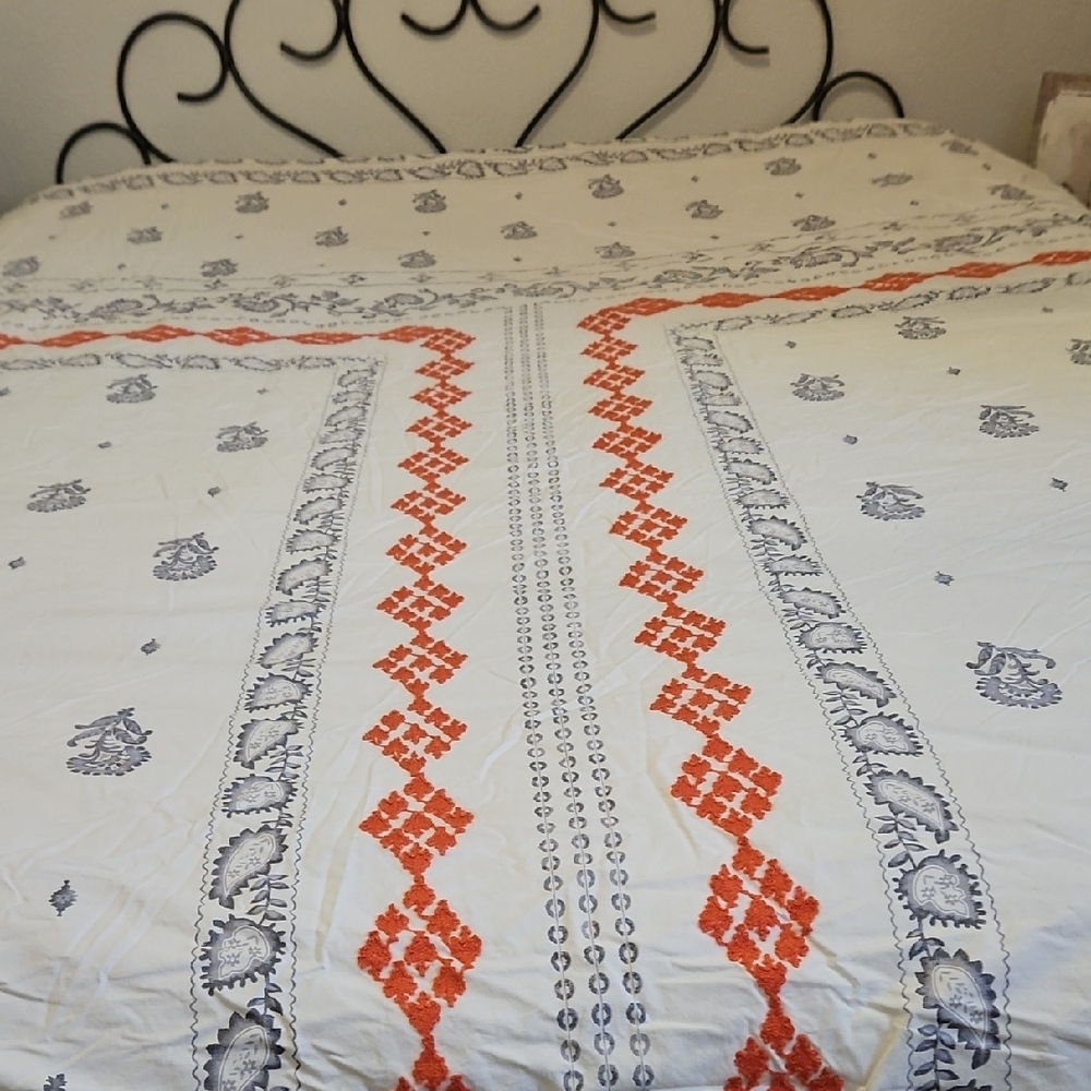 Anthology Jodpur Cream Gray Orange Embroidered Boho Reversible Full Comforter